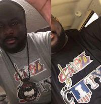 two pictures of a man with a t - shirt and a beard